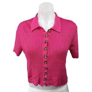 Nati Vozza Pink Ribbed Button Down Short Sleeve Collar Crop Polo Sweater Top M